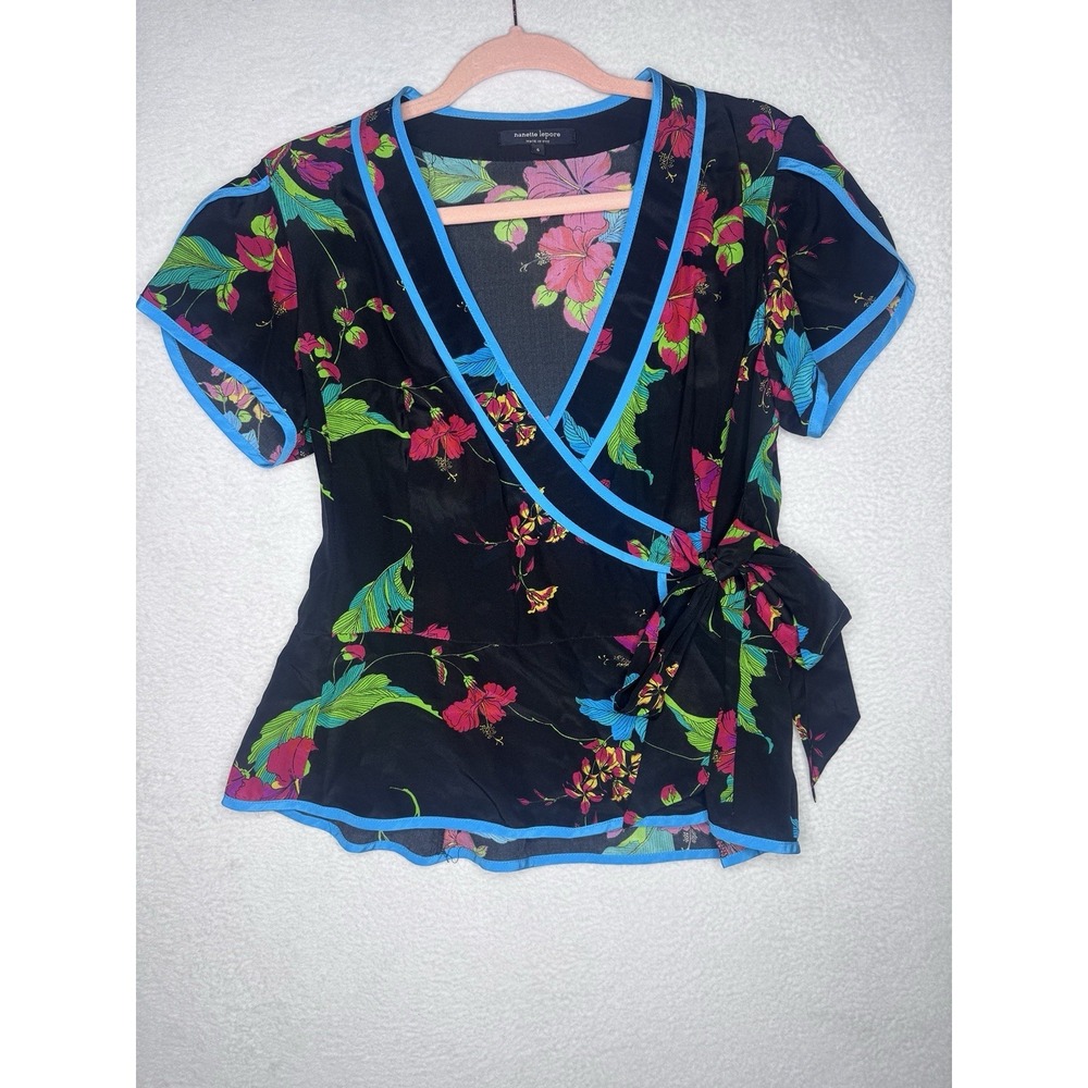 Nanette Lepore Floral Wrap Blouse Size 6 Black Pink Blue Silk Blend Top